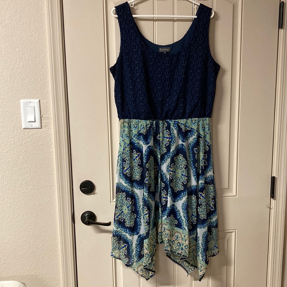 Luxology Crochet Lace Boho Dress Asymmetrical Hem Handkerchief Style Lined Sz 16